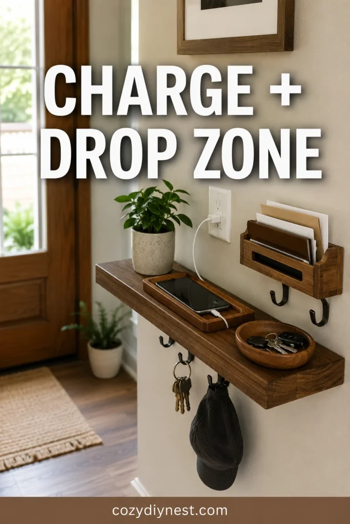 entryway wall storage ideas with a wall shelf charging station for phone keys and mail
