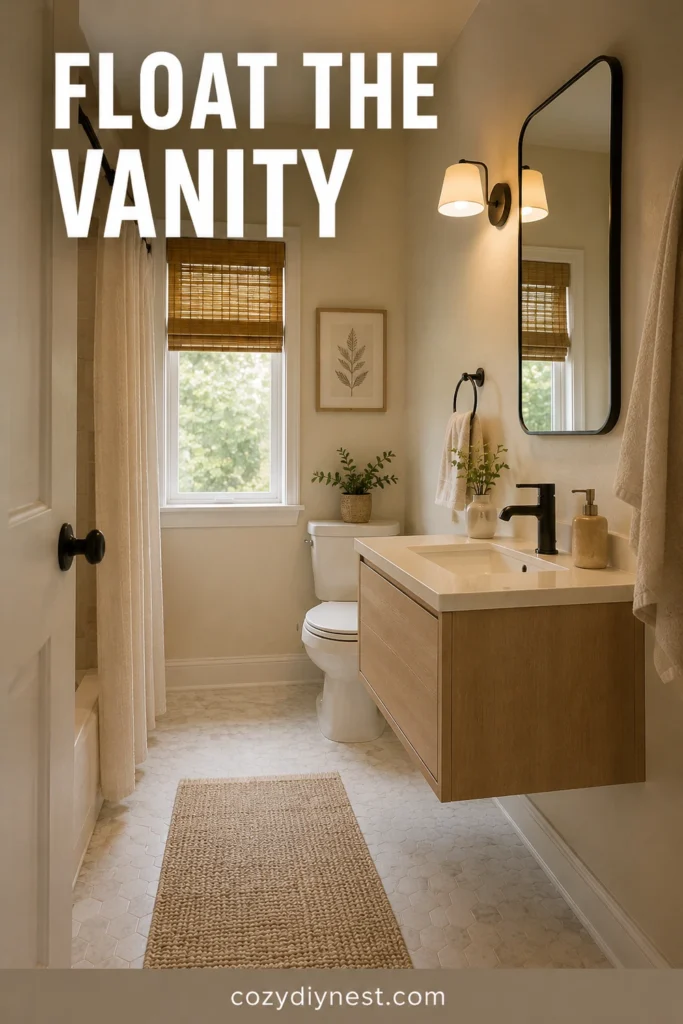 tiny bathroom ideas with floating vanity and visible floor