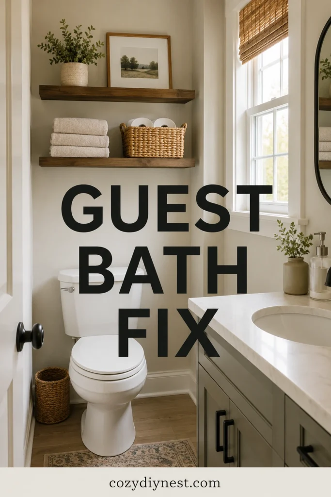 minimal shelves above toilet in a guest bathroom with towels and baskets