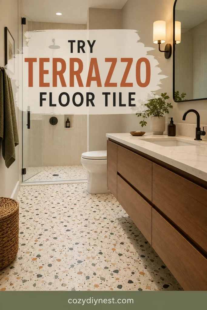 bathroom tile ideas with terrazzo bathroom floor tile and modern vanity