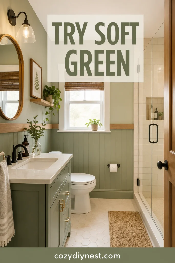 small bathroom remodel ideas with soft green tile and warm fixtures