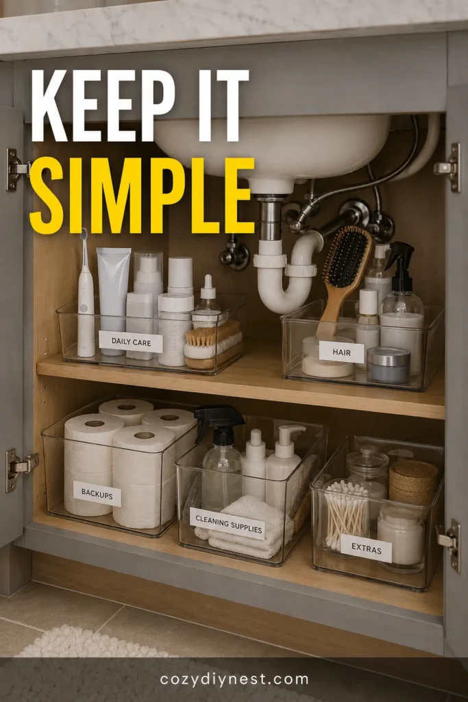 bathroom organization under sink with simple labels and obvious product categories