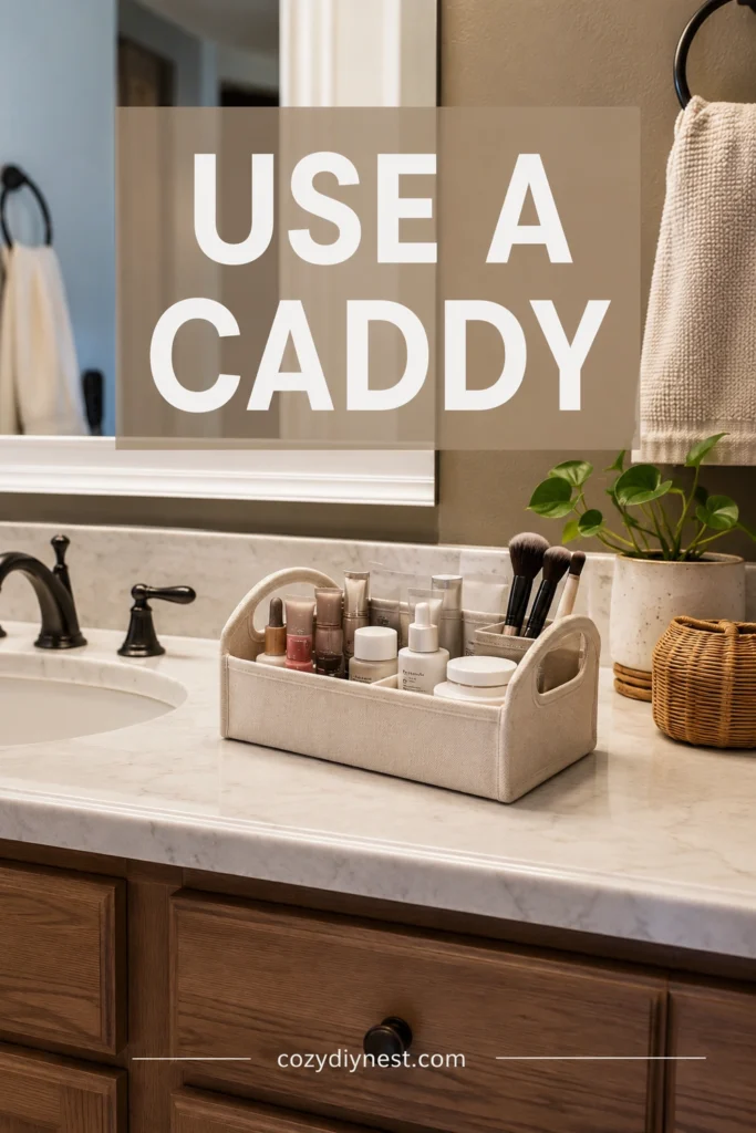 bathroom counter organization with a portable makeup and skincare caddy