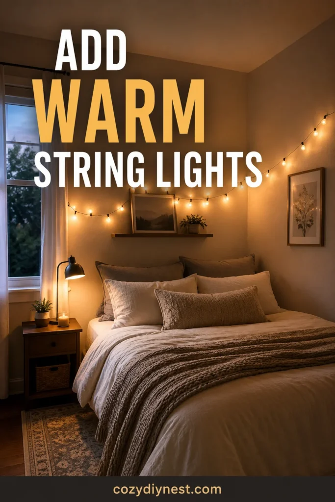 cozy small bedroom ideas with warm string lights and layered bedding
