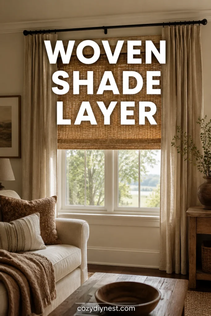 curtain layering ideas using woven shades with drapes for warm texture in a living room