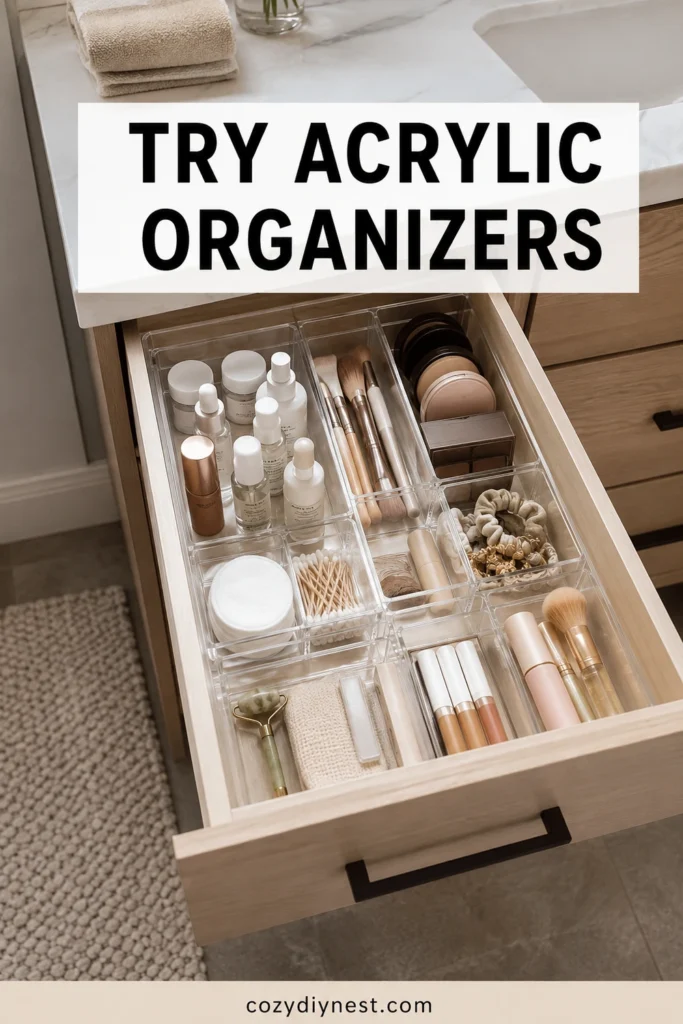 aesthetic bathroom drawer organization with acrylic organizers