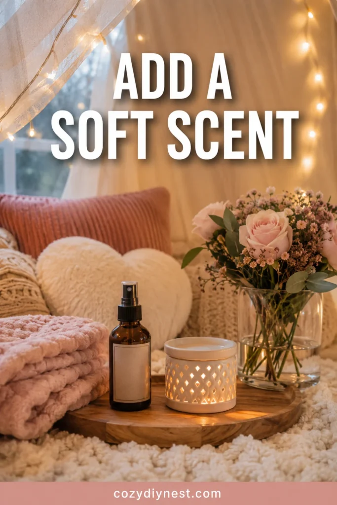 valentine fort ideas with soft scent styling using linen spray flowers and cozy textiles