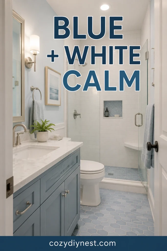 small bathroom remodel ideas with blue and white bathroom design