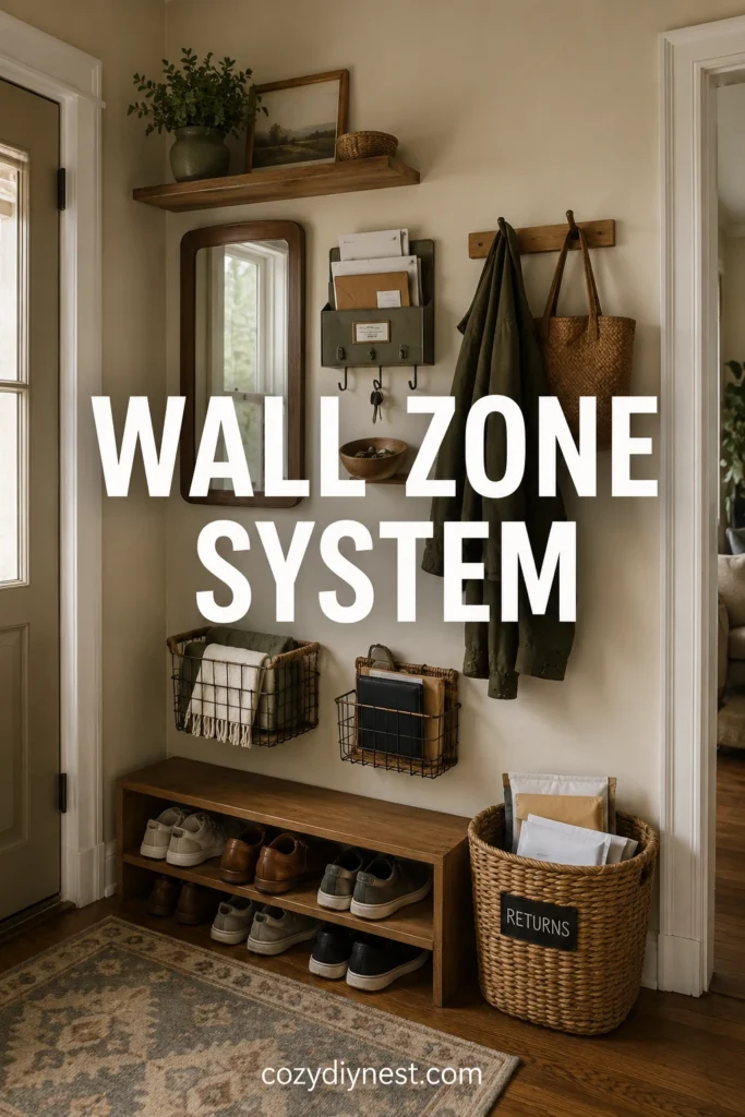 entryway wall storage ideas showing a complete wall zone system with shelf mirror mail organizer pegs baskets and shoe shelf