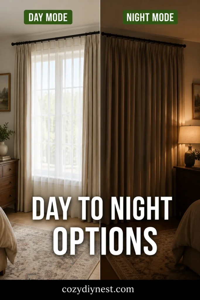 curtain layering ideas showing day mode with sheers and night mode with drapes closed