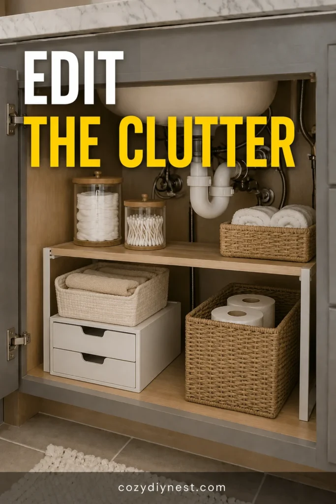 bathroom organization under sink with an edited cabinet containing only useful items
