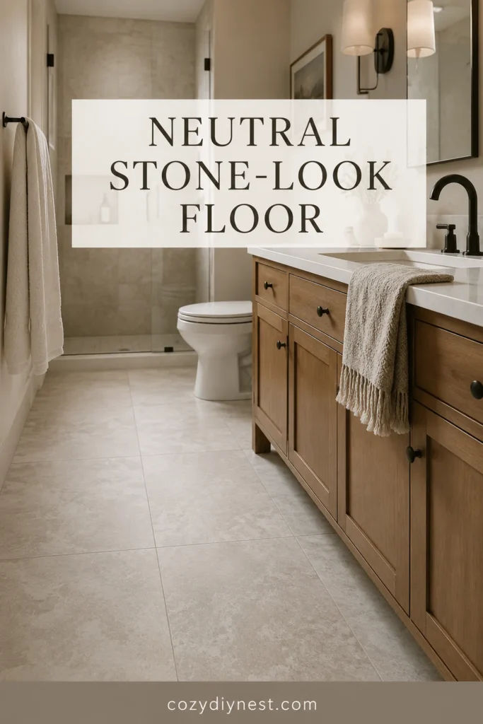 bathroom floor tile ideas with neutral stone look tile and warm vanity