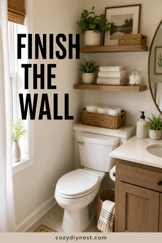 shelves above toilet finishing an empty bathroom wall with storage and decor