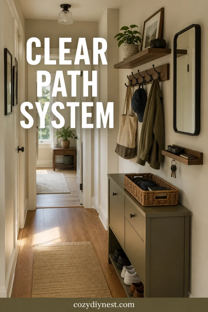 small hallway storage ideas showing a complete clear path system with shelf hooks shoe cabinet mirror and basket