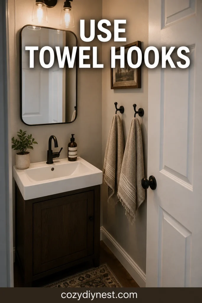 small half bathroom ideas with towel hooks instead of towel bar