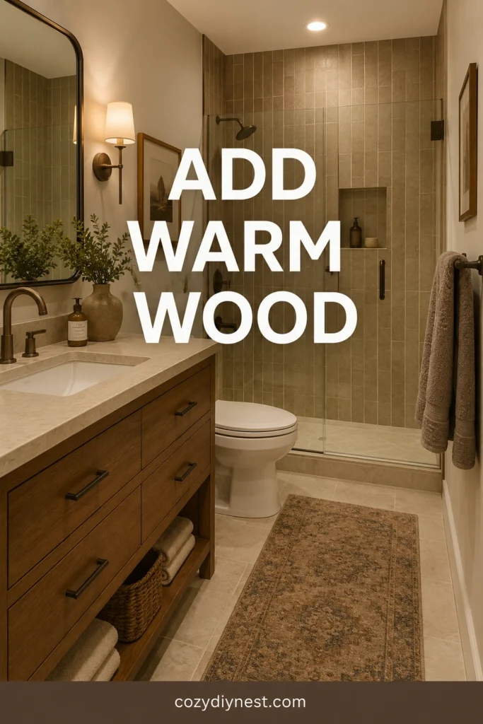 small bathroom remodel ideas with warm wood vanity and brown tile