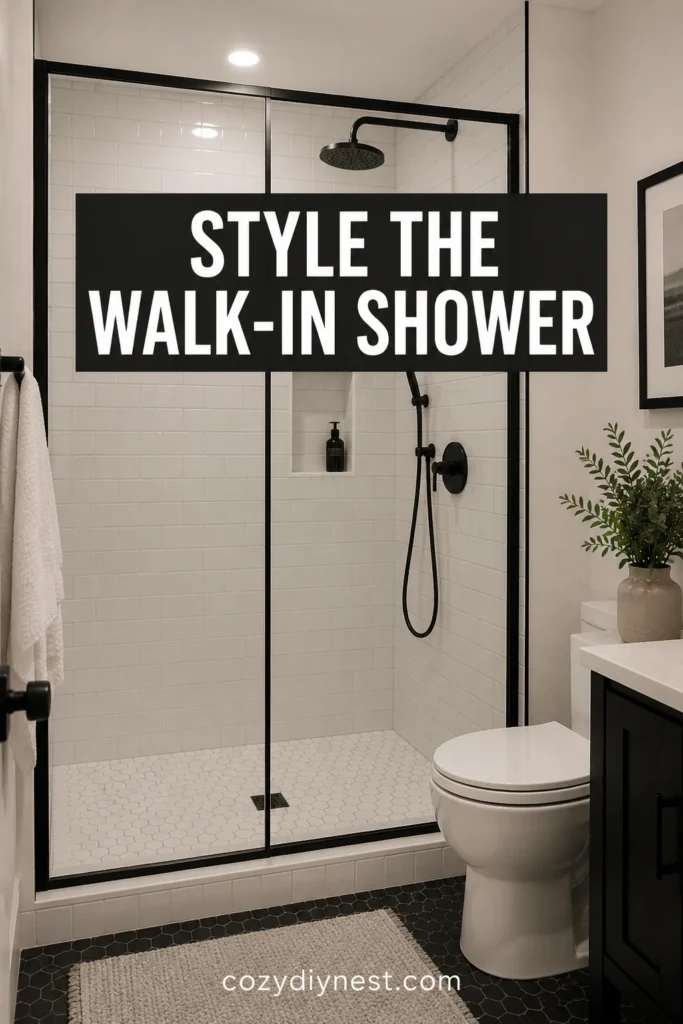 black and white walk in shower with white tile and black frame