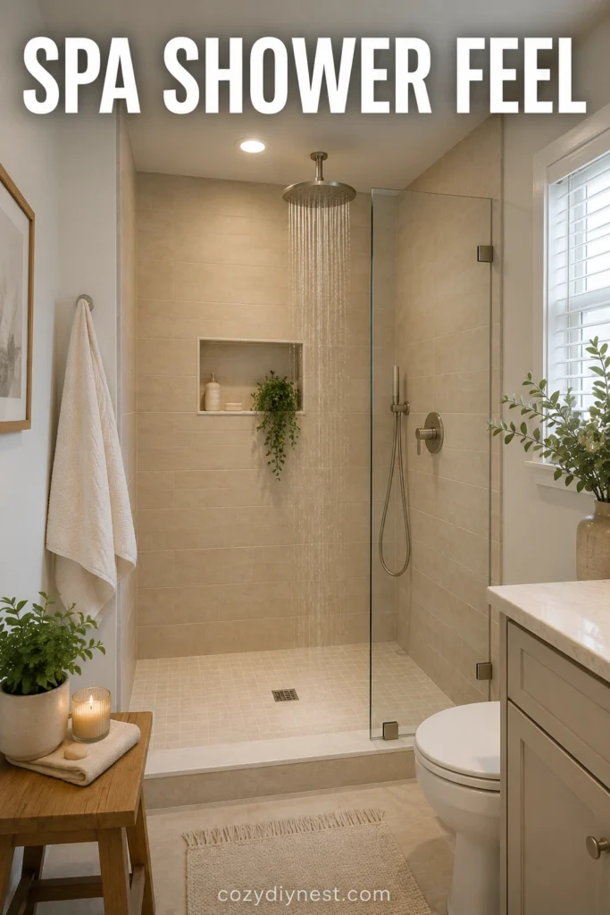small walk in shower with rain shower head clear glass and spa feel