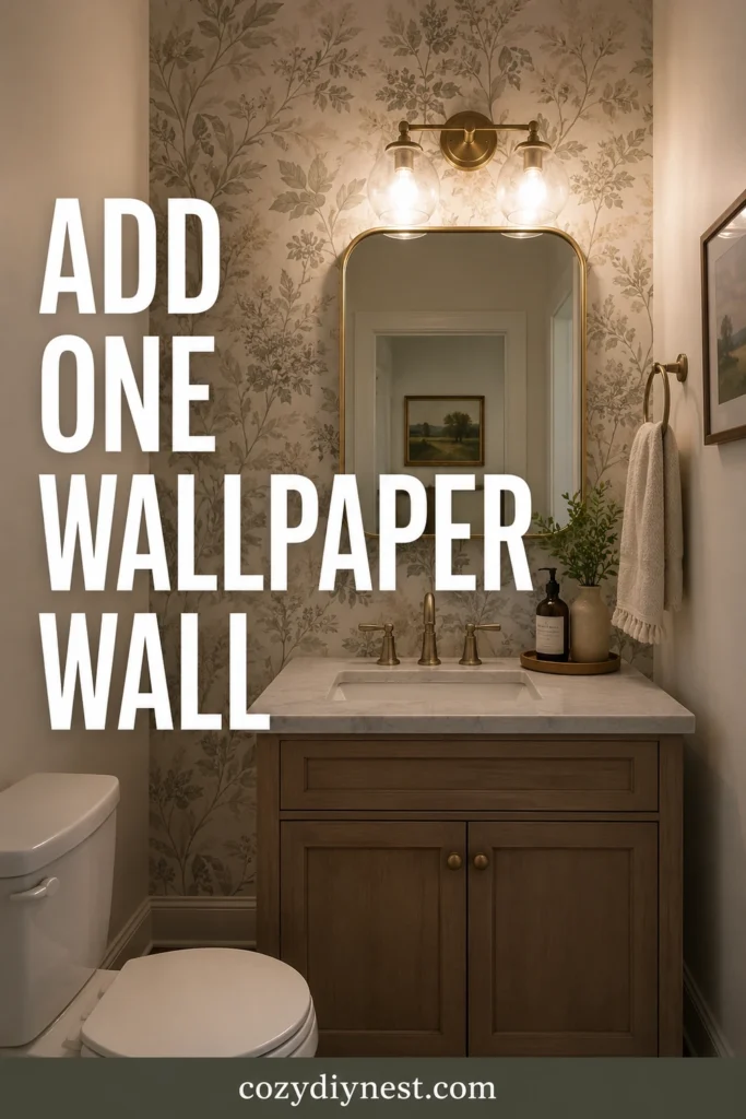 small bathroom remodel ideas with wallpaper accent wall behind vanity