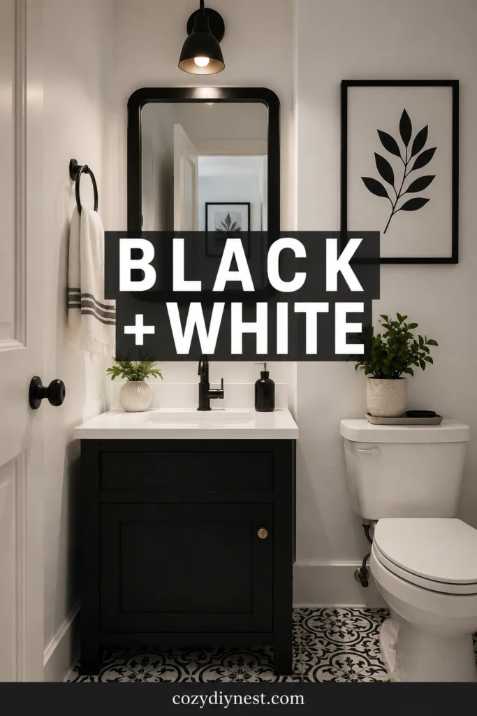 small half bathroom ideas with black and white powder room contrast