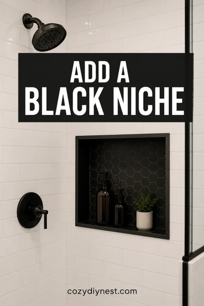 black and white bathroom ideas with black shower niche detail