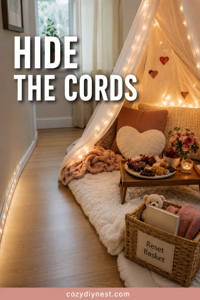 valentine fort ideas showing hidden cords and a clear walking path around a cozy living room fort