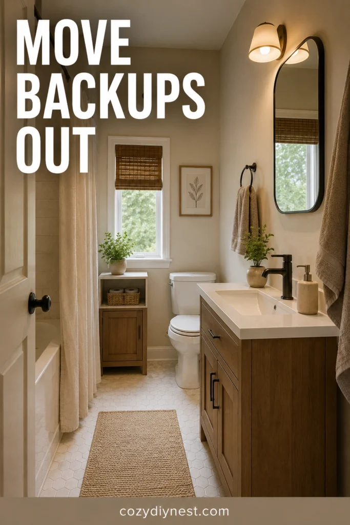 tiny bathroom organization ideas with backups stored outside bathroom