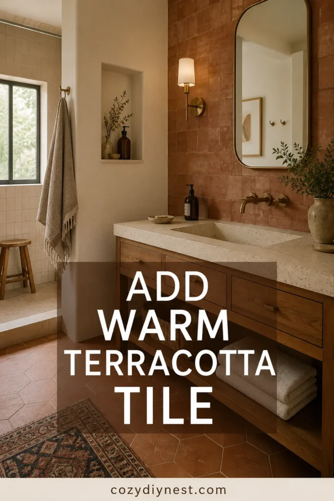 bathroom tile ideas with warm brown terracotta tile and simple vanity