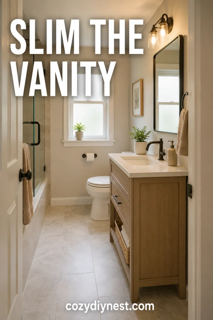 small bathroom remodel ideas with slim vanity for better walkway space