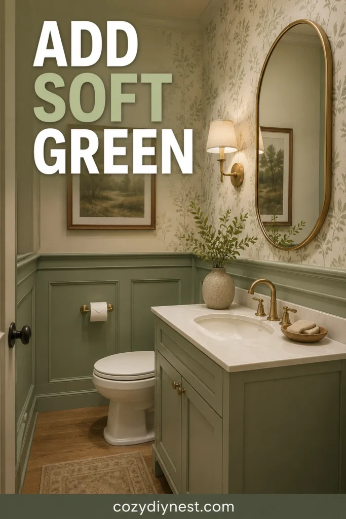 small half bathroom ideas with soft green vanity or wall