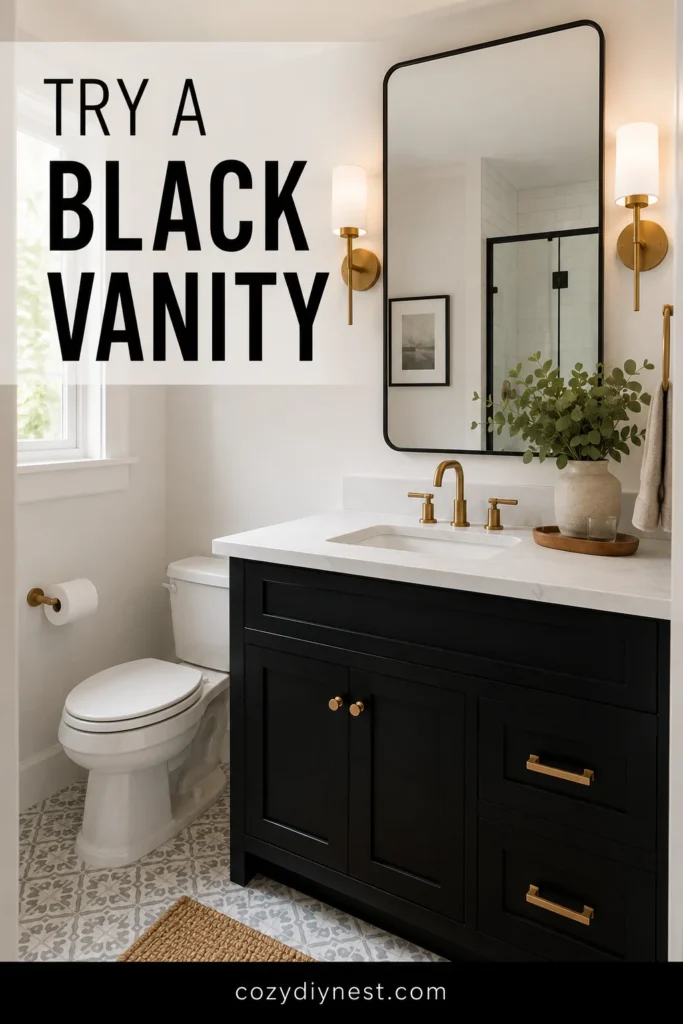 Small Bathroom Vanity Ideas: 19 Best Storage and Counter Space Fixes 16 small bathroom ideas with black vanity and modern contrast