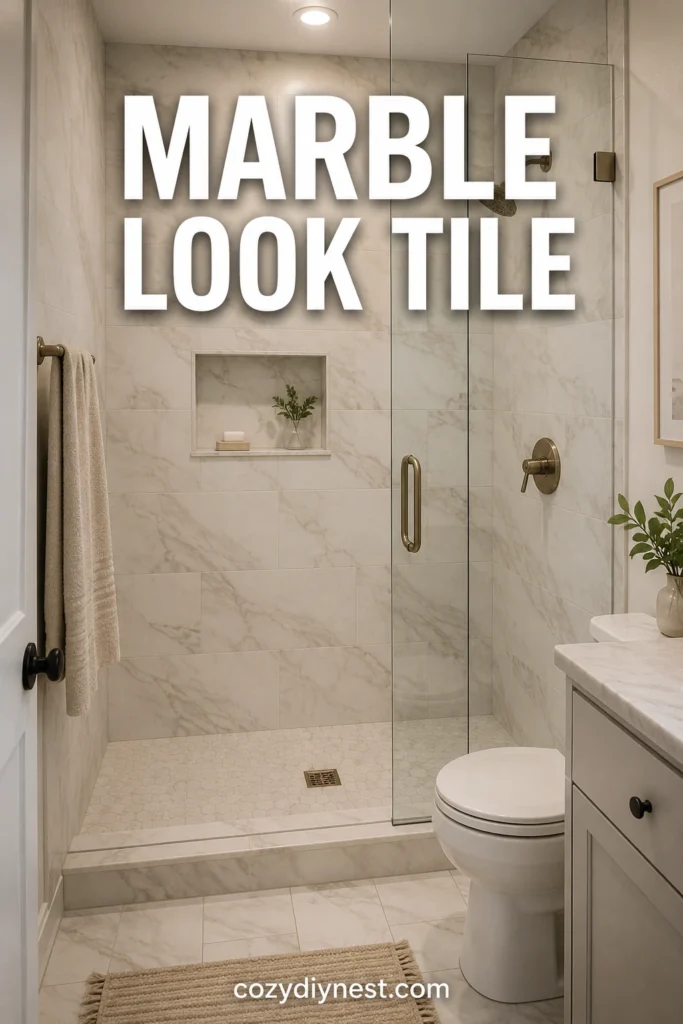 walk in shower ideas with subtle marble look tile and warm metal fixtures