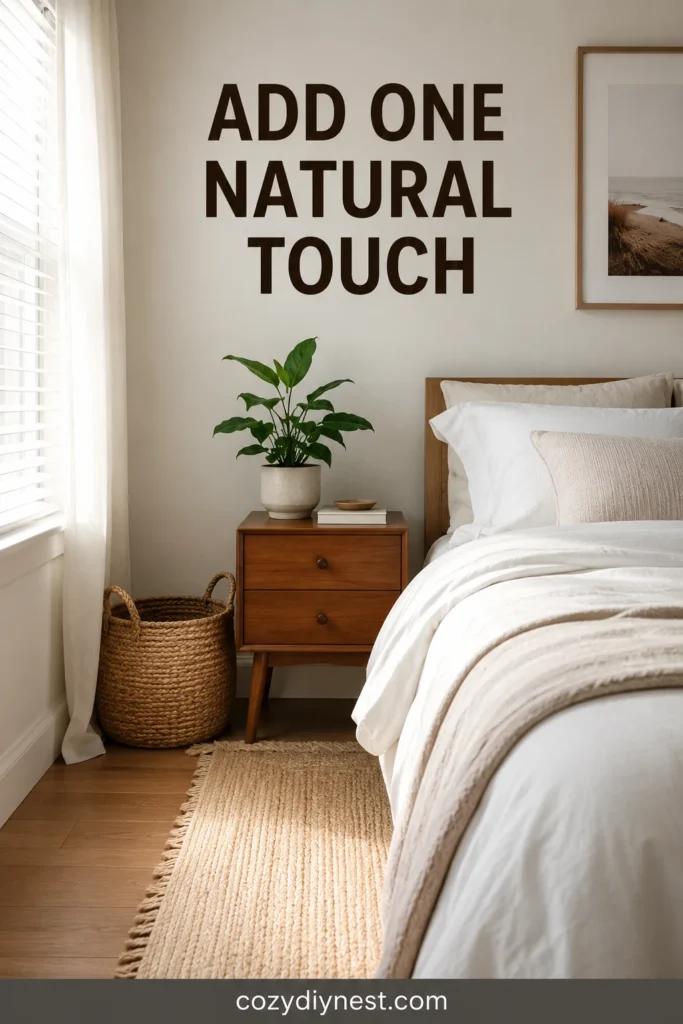 small bedroom decor ideas with one plant, woven texture, and light bedding