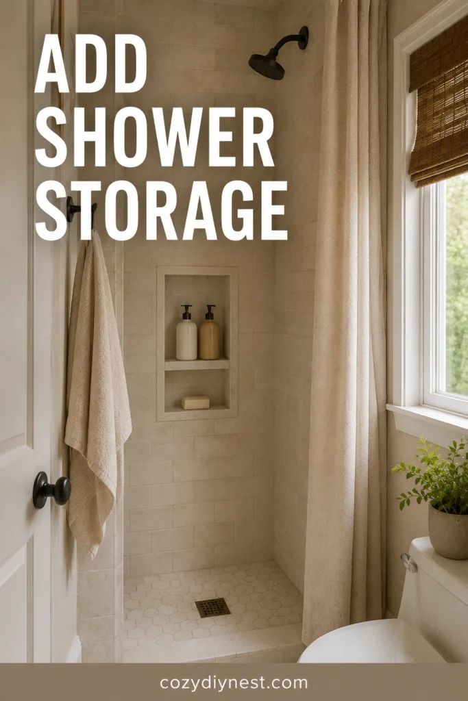 tiny bathroom ideas with shower niche or corner shelf