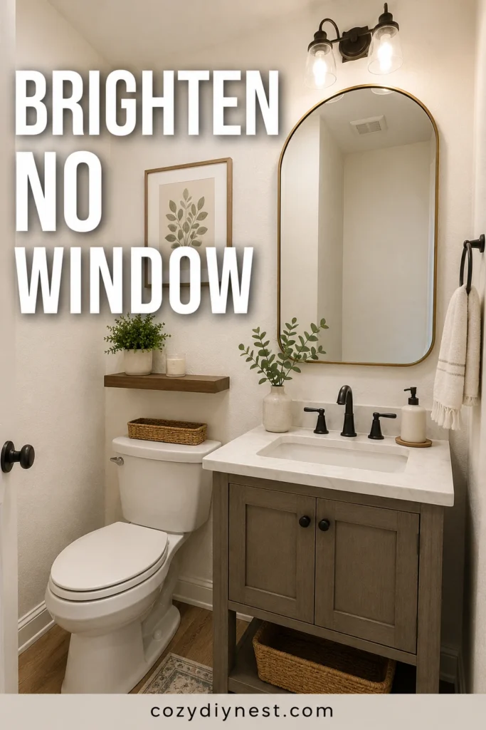 small half bathroom ideas without window using white walls and mirror