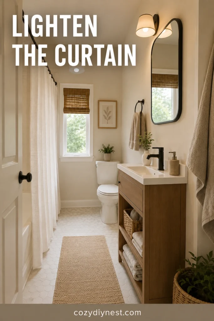 tiny bathroom ideas with light shower curtain