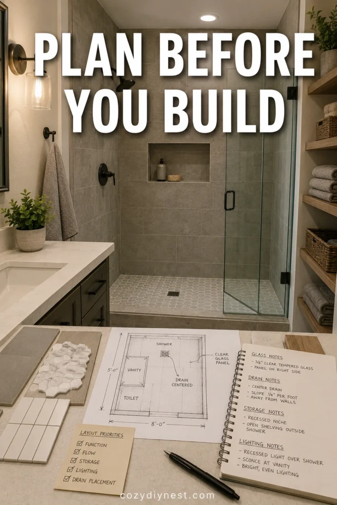 walk in shower remodel planning mistakes drain glass storage lighting layout