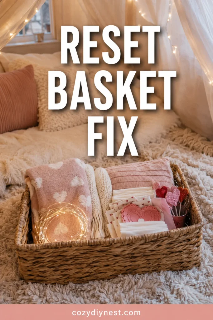 valentine fort ideas with a reset basket for blankets pillows fairy lights and date night decor