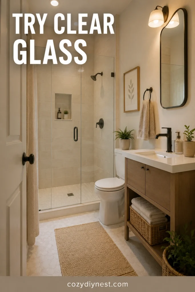 tiny bathroom ideas with clear glass shower panel