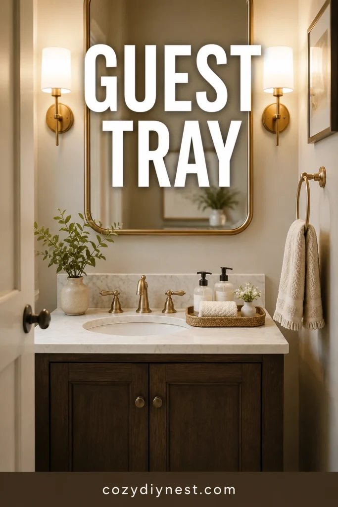 small half bathroom ideas with guest essentials tray on vanity
