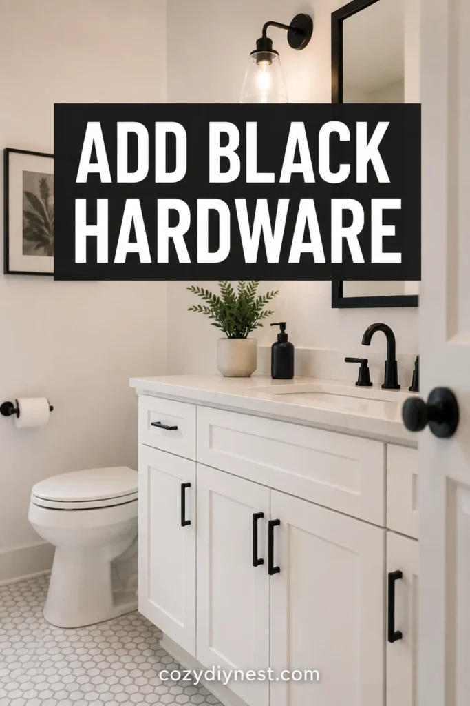 black and white bathroom ideas with white vanity and black hardware