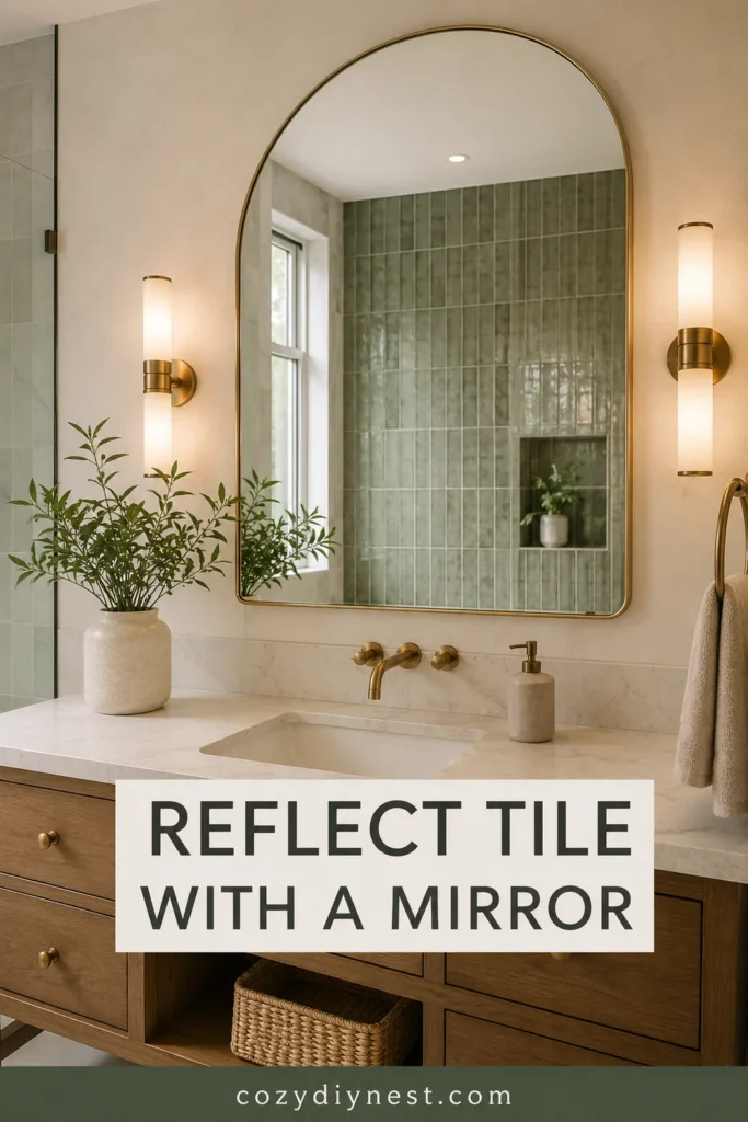 bathroom tile ideas with a large mirror reflecting tile texture