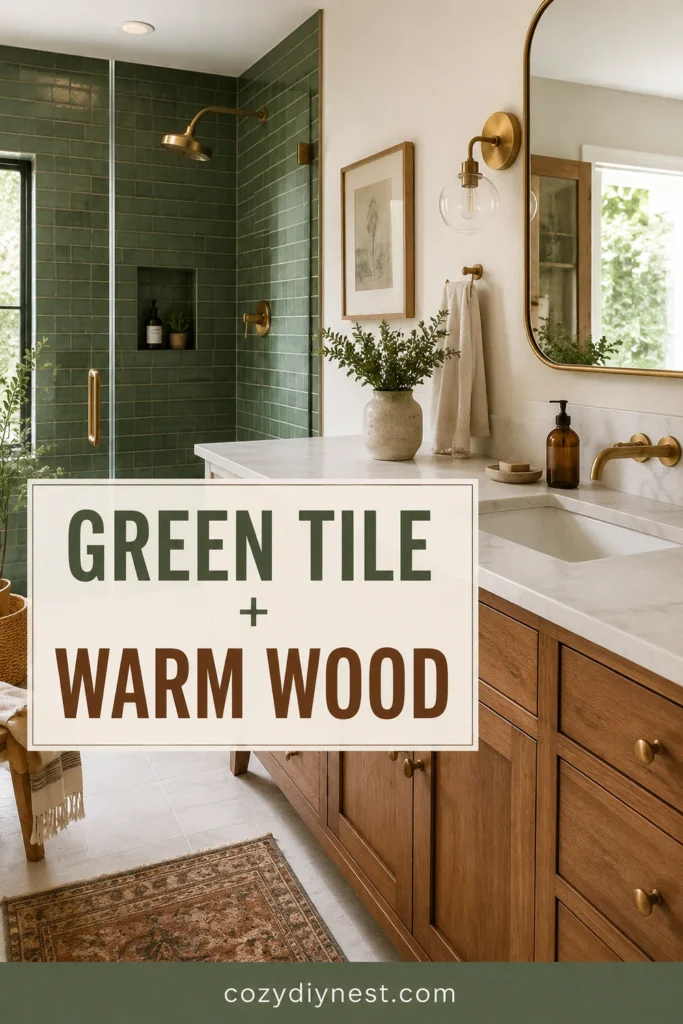 bathroom tile ideas with green tile and warm wood vanity