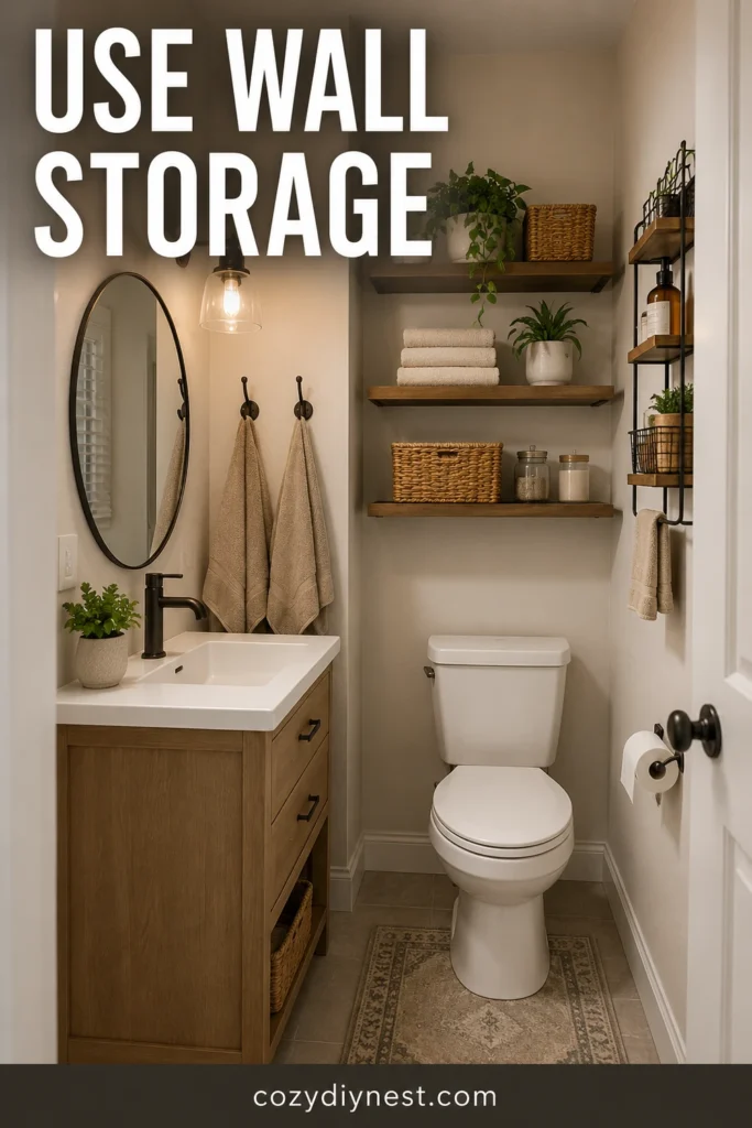 small bathroom remodel ideas with shelves hooks and slim towel storage