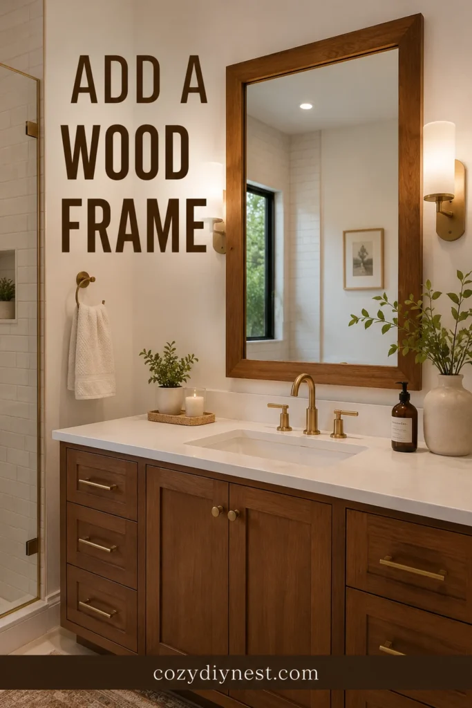 Bathroom Mirror Ideas: 21 Stunning Vanity Wall and Lighting Looks 20 bathroom mirror ideas with a wood framed mirror above a vanity