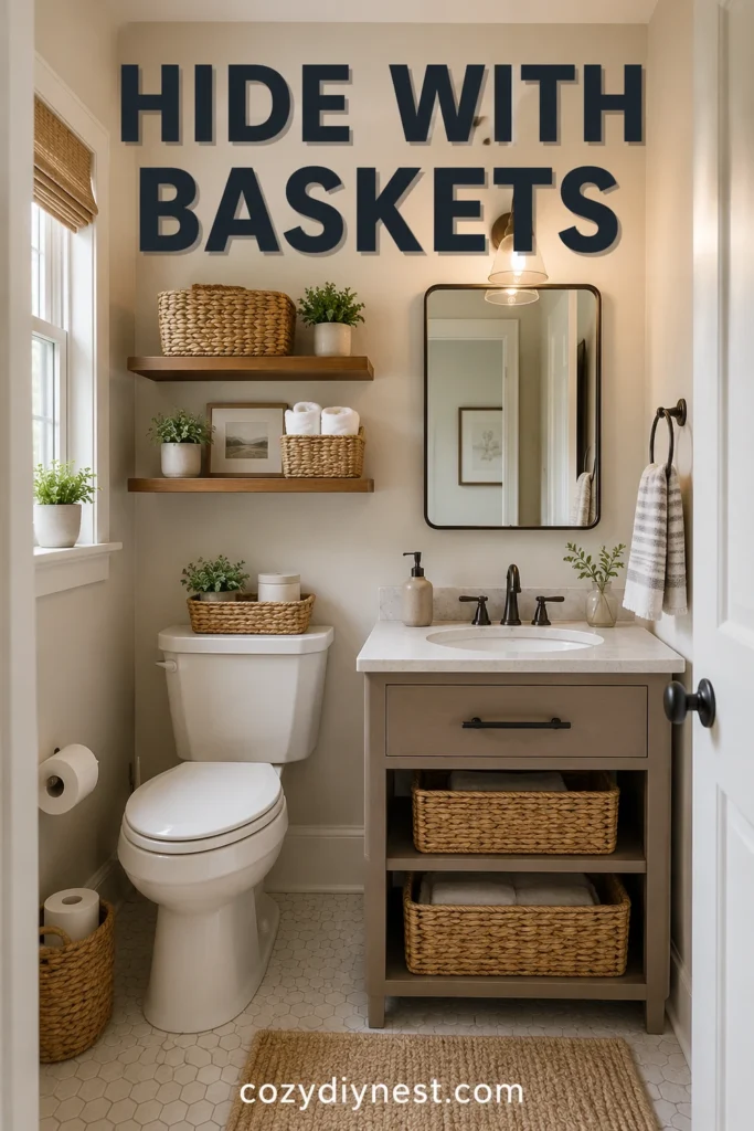 tiny bathroom ideas with baskets to hide clutter
