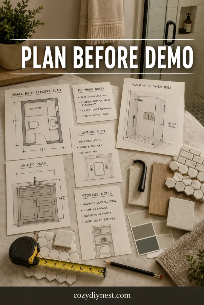 small bathroom remodel ideas planning layout tile plumbing and lighting before renovation