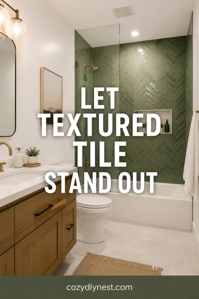 bathroom tile ideas with textured tile and simple white bathroom surfaces
