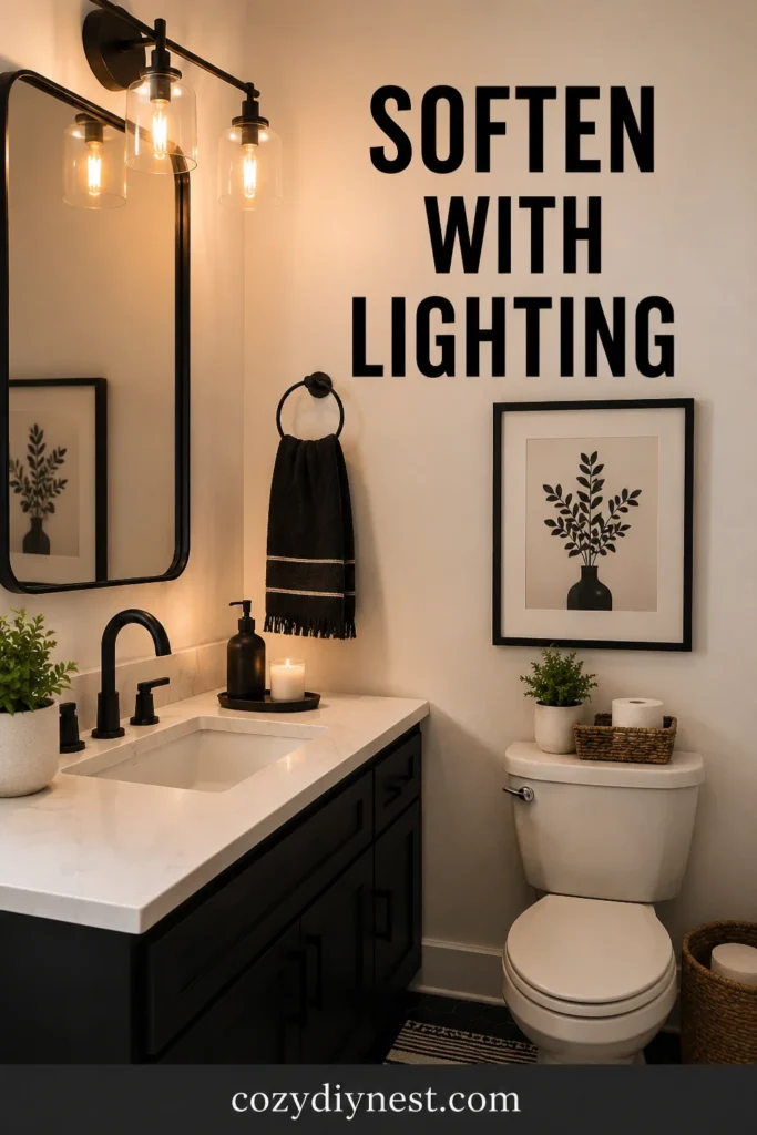 black and white bathroom ideas with warm vanity lighting