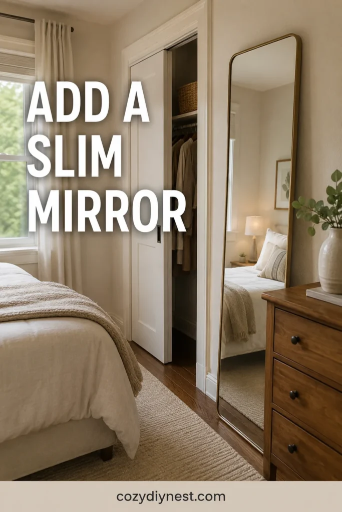 small bedroom ideas with a slim full length mirror and light neutral decor